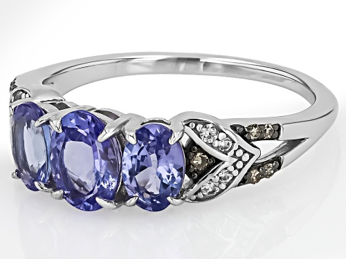 1.42ctw Tanzanite with 0.06ctw White Zircon & 0.04ctw Champagne Diamond Rhodium Over Silver Ring - Size 9