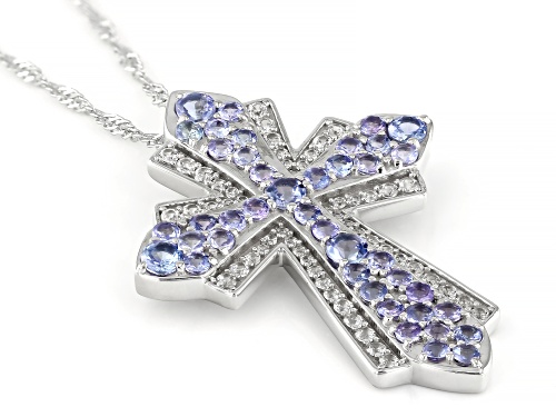1.77ctw Round Tanzanite With .67ctw Zircon Rhodium Over Silver Cross Pendant With Chain