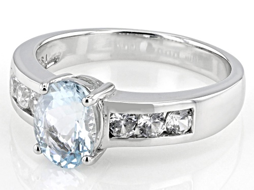 .94ct Oval Aquamarine With 0.34ctw Round White Zircon Rhodium Over Sterling Silver Ring - Size 10
