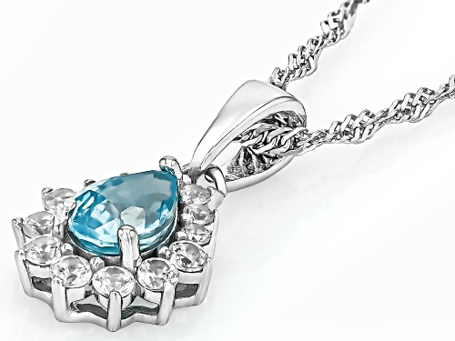 0.90ct Pear Shape Blue Zircon With 0.34ctw Round White Zircon Rhodium Over Silver Pendant Chain