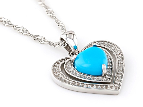 8mm Sleeping Beauty Turquoise With 0.43ctw White Zircon Rhodium Over Silver Heart Pendant With Chain