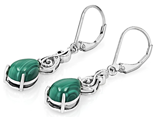 10x7mm Pear Shape Cabochon Malachite Rhodium Over Sterling Silver Solitaire Earrings