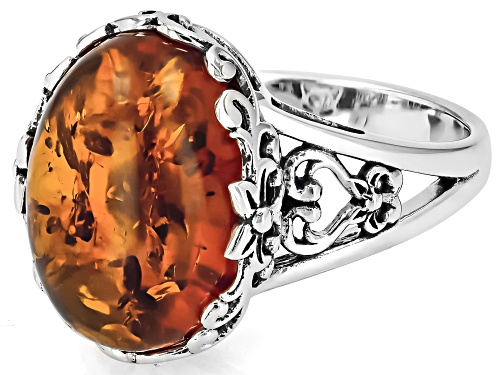 16x12 Oval Cabochon Amber Sterling Silver Solitaire Ring - Size 6