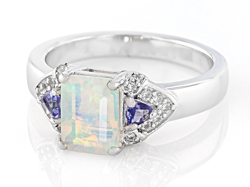 .90ct Rectangular Ethiopian Opal, .17ctw Tanzanite With .19ctw White Zircon Rhodium Over Silver Ring - Size 9