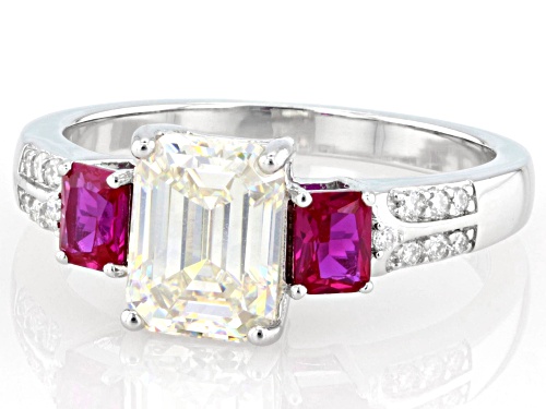 2.12ct Emerald Cut Strontium Titanate, .28ct Lab Ruby, .14ctw Moissanite Rhodium Over Silver Ring - Size 9
