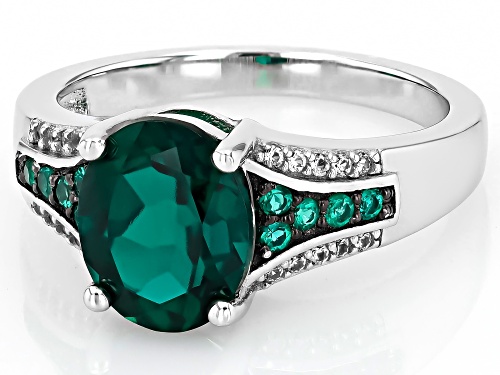 2.21ctw Lab Created Emerald With 0.15ctw Lab Created White Sapphire Rhodium Over Silver Ring - Size 7