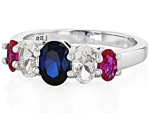 1.69ctw Lab White and Lab Blue Sapphire with 0.46ctw Lab Ruby Rhodium Over Silver Ring - Size 9