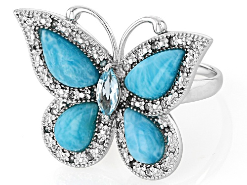 .38ct Marquise Glacier Topaz™ with Larimar & .32ctw Zircon Rhodium Over Silver Butterfly Ring - Size 6