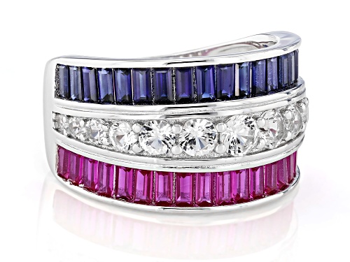 1.18ctw Lab Blue & Lab White Sapphire with 1.05ctw Lab Ruby Rhodium Over Silver Band Ring - Size 9