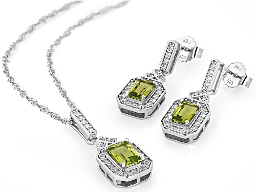 2.64ctw Manchurian Peridot™ With 0.44ctw White Zircon Rhodium Over Silver Pendant & Earrings Set