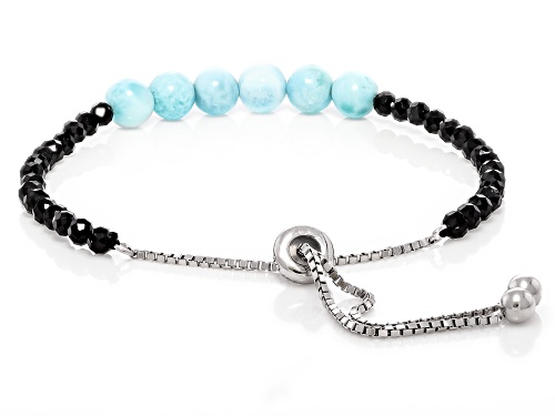 6mm Round Larimar With Round Black Spinel Rhodium Over Sterling Silver Bolo Bracelet