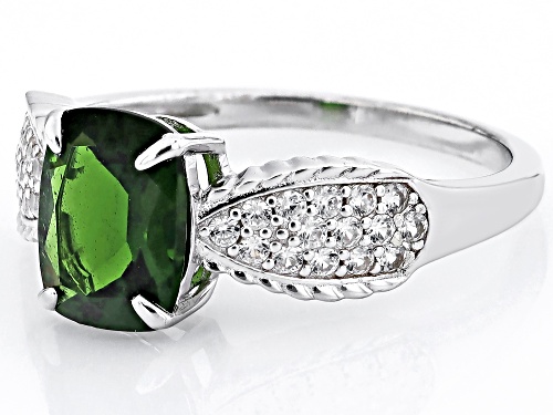 1.71ct Cushion Chrome Diopside With 0.37ctw White Zircon Rhodium Over Sterling Silver Ring - Size 7