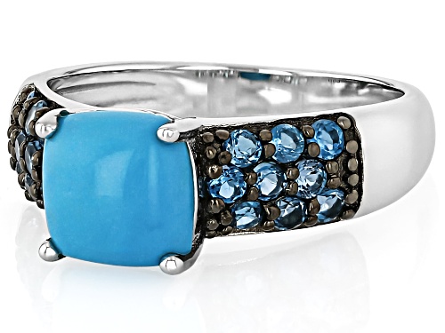 8mm Cushion Sleeping Beauty Turquoise With .60ctw London Blue Topaz Rhodium Over Silver Ring - Size 7