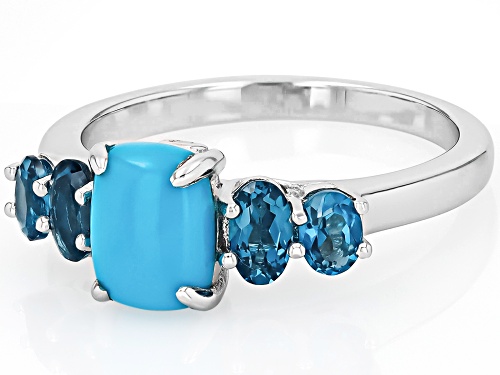 Sleeping Beauty Turquois with 0.80ctw London Blue Topaz and White Zircon Rhodium Over Silver Ring - Size 9