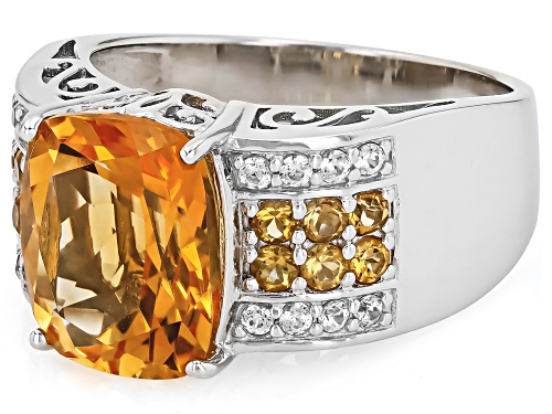5.50ct Cushion And 0.51ctw Round Citrine With .27ctw White Zircon Rhodium Over Silver Ring - Size 9