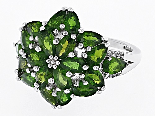 3.78ctw Pear shapes Chrome Diopside With 0.05ctw Round White Zircon Rhodium Over Silver Ring - Size 8