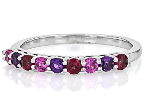 .23ct Lab Pink Sapphire with 0.32ctw Raspberry Rhodolite & Amethyst Rhodium Over Silver Band Ring - Size 9