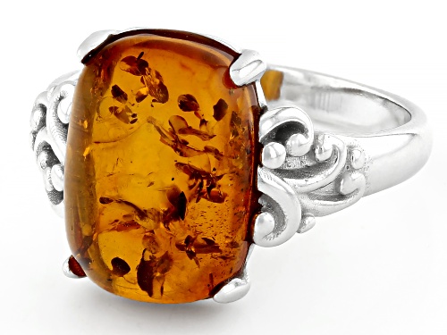 14x10mm Cushion Cabochon Amber Rhodium Over Sterling Silver Solitaire Ring - Size 6