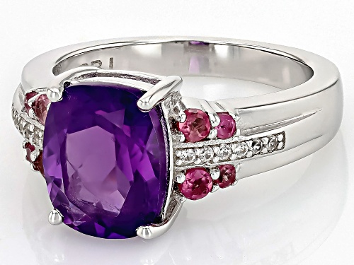 2.47ct Cushion African Amethyst with .29ctw Pink Tourmaline & .07ctw Zircon Rhodium Over Silver Ring - Size 6