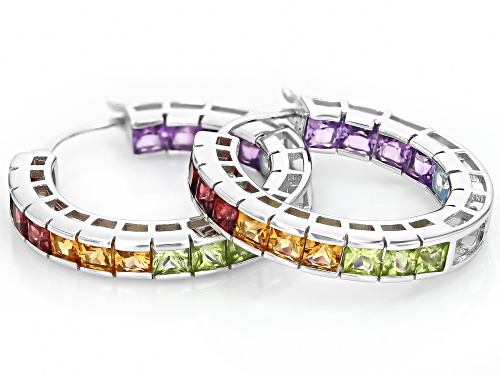 5.00ctw Round Multi-Gem Square Rhodium Over Sterling Silver Hoop Earrings