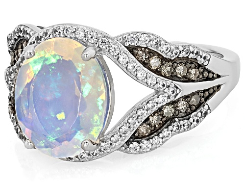 2.27ct Ethiopian Opal with .22ctw Champagne Diamond & .43ctw White Zircon Rhodium Over Silver Ring - Size 6