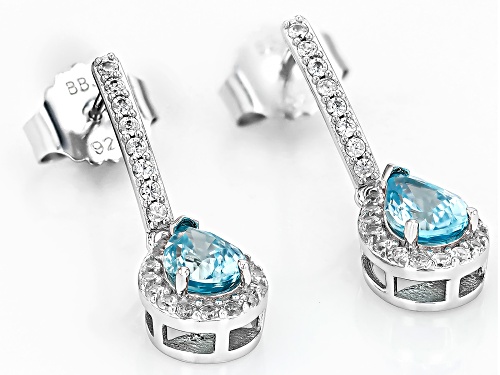 1.84ctw Pear Shape Blue Zircon With 0.58ctw Round White Zircon Rhodium Over Sterling Silver Earrings