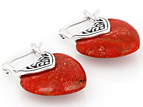 16x15mm Free-form Cabochon Red Coral Sterling Silver Heart Earrings