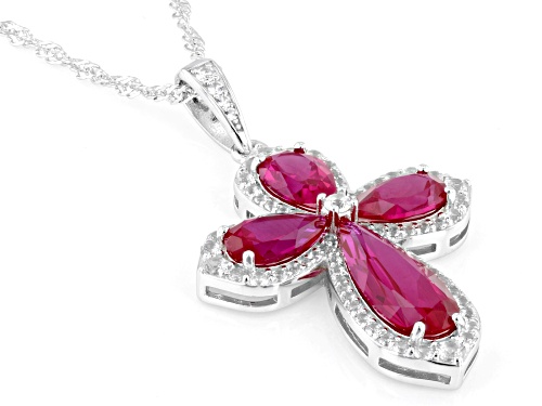 5.63ctw Pear Shape Lab Created Ruby With .75ctw Lab Sapphire Rhodium Over Silver Pendant Chain