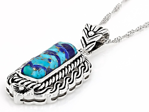 20x6mm Rectangular Cabochon Turquoise And Lapis Lazuli Sterling Silver Pendant With Chain
