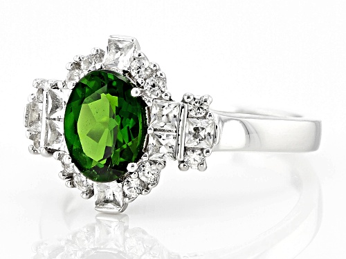 1.10ct Oval Chrome Diopside, 0.37ctw White Topaz With 0.25ctw White Zircon Rhodium Over Silver Ring - Size 9