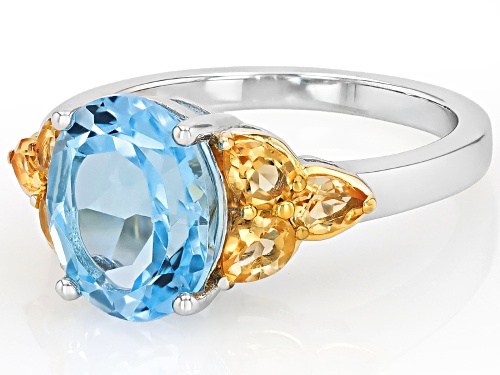 4.08ct Oval Glacier Topaz™ With .70ctw Pear Shape Citrine Rhodium Over Sterling Silver Ring - Size 10