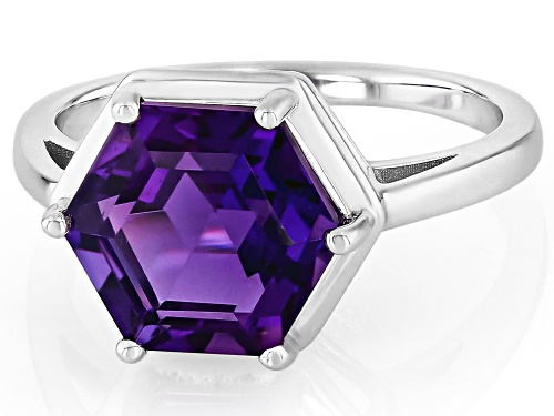 3.66ct Hexagon Cut Amethyst Rhodium Over Sterling Silver Solitaire Ring - Size 9