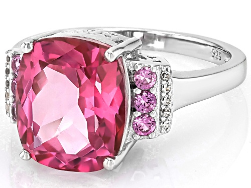 6.47ct Cushion Pink Topaz with .37ctw Lab Pink Sapphire and White Zircon Rhodium Over Silver Ring - Size 10