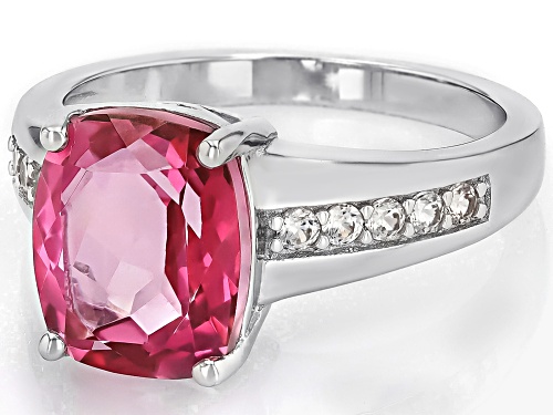4.24ct Cushion Pink Topaz With .27ctw White Zircon Rhodium Over Sterling Silver Ring - Size 10