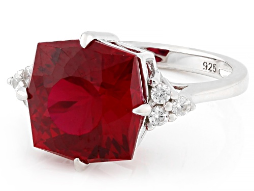 6.63ct Cushion Glitter Mine Cut Lab Created Ruby With .26ctw White Zircon Rhodium Over Silver Ring - Size 8