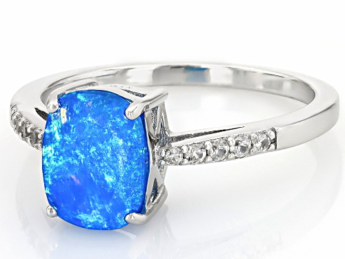 1.00ct Cushion Paraiba Blue Opal With 0.13ctw Round White Zircon Rhodium Over Silver Ring - Size 9