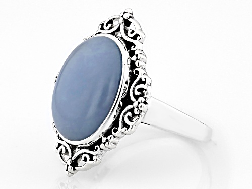 16x12mm Oval Cabochon Blue Angelite Sterling Silver Solitaire Ring - Size 8