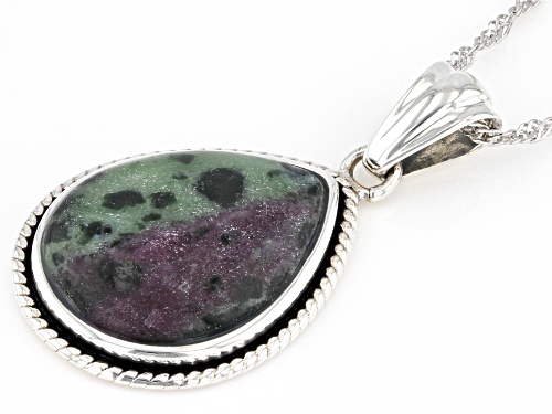 20x15mm Pear Shape Cabochon Ruby-in-Zoisite Sterling Silver Solitaire Pendant with Chain
