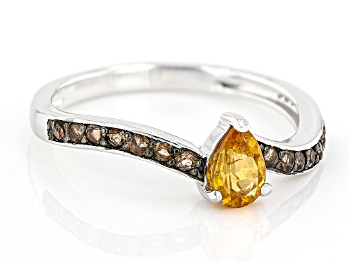 0.45ct Pear Shaped Spessartite With 0.19ctw Round Andalusite Rhodium Over Sterling Silver Ring - Size 8