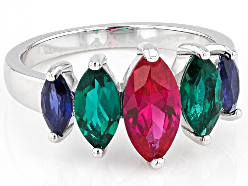 1.05ct Lab Created Ruby, .77ctw Lab Emerald, .44ctw Lab Sapphire Rhodium Over Sterling Silver Ring - Size 8