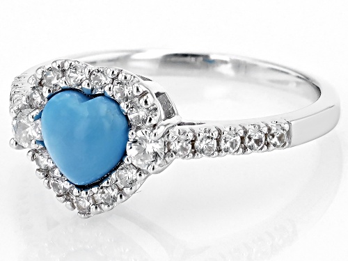 6mm Heart Cabochon Sleeping Beauty Turquoise With .55ctw White Zircon Rhodium Over Silver Ring - Size 8