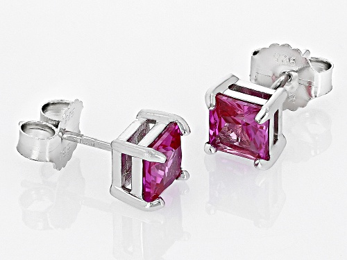 2.00ct Square Lab Created Pink Sapphire Rhodium Over Sterling Silver Stud Earrings