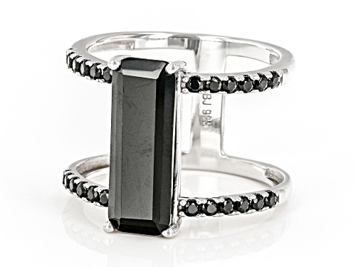 3.30ct Rectangular Octagonal And 0.34ctw Round Black Spinel Rhodium Over Silver Elongated Ring - Size 6
