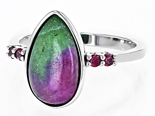 14x8mm Pear Shape Ruby-In-Zoisite With 0.12ctw Round Rhodolite Rhodium Over Sterling Silver Ring - Size 9
