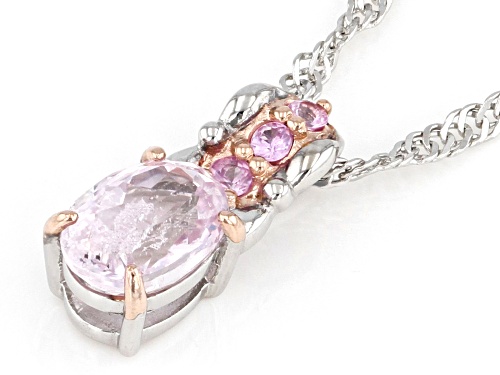 0.95ct Oval Kunzite With 0.13ctw Pink Sapphire Rhodium Over Silver Two-Tone Pendant Chain