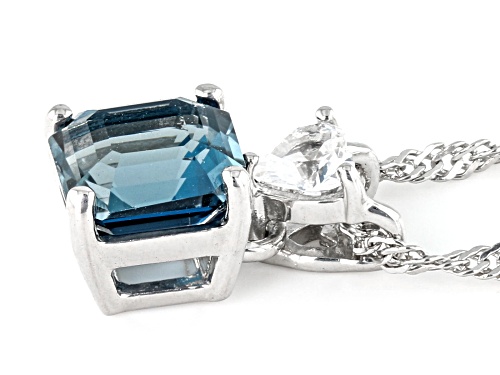 1.45ct Asscher Cut London Blue Topaz With 0.26ctw Lab Sapphire Rhodium Over Silver Pendant Chain