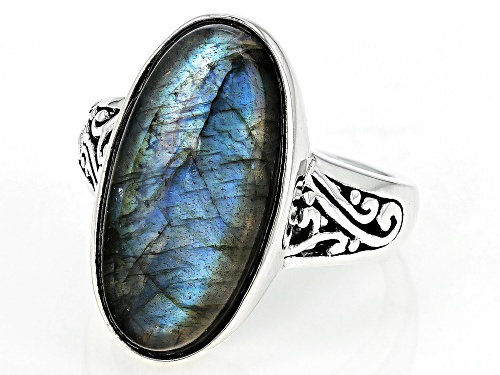 20X10mm Oval Cabochon Labradorite Sterling Silver Solitaire Ring - Size 7