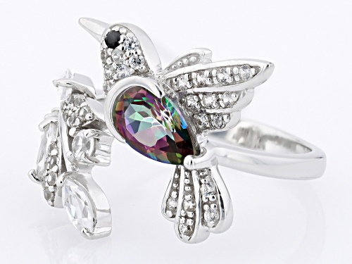 1.78ctw Mystic Fire® Green Topaz, with Black Spinel and White Zircon Rhodium Over Silver Bird Ring - Size 6