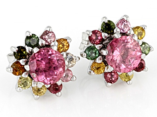 .90ctw Round Pink Tourmaline With .65ctw Multi-Tourmaline Jacket Rhodium Over Silver Earrings