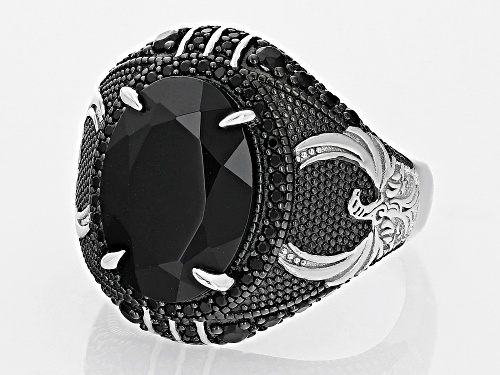 5.95ct Oval And 0.52ctw Round Black Spinel Rhodium Over Sterling Silver Men's Ring - Size 10
